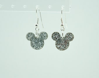 Mickey Mouse shaped Silver Glitter dangle earrings - 2 sizes to choose from - 14mm wide or 17 mm wide Disney inspired jewelry- FREE SHIPPING