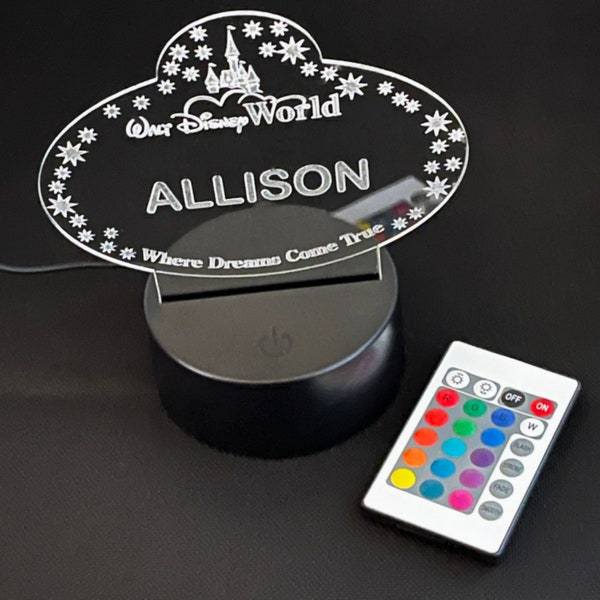Walt Disney World inspired Name Badge Night Light for Home Office Personalized with 2 lines of text with Remote!  FREE SHIPPING in US!