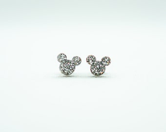Mickey Mouse shaped Silver Glitter Stud earrings - 2 sizes to choose from - Disney inspired jewelry 10mm or 14 mm width - FREE SHIPPING!!