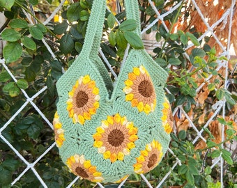 Handmade Sunflower Crochet Granny Square Tote Bag