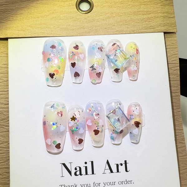 Luxury glitter butterfly nails,Glitter Rainbow nails,Heart pattern nails,cute nails,kawaii nails,soft girl nails,minimalist nails