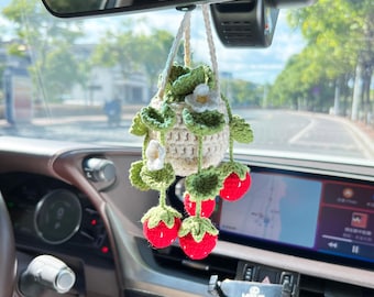 Crochet Strawberry Plant Car Accessory: Handmade Cotton Flower Basket