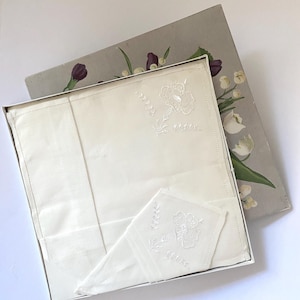Boxed Vintage Irish Linen Handkerchiefs | Floral Embroidery | 2 sets (5 in total)