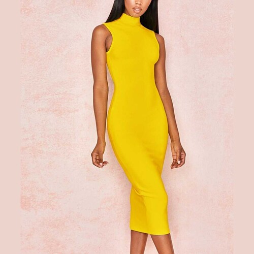 yellow bandage dress Posh by Paris evening events Jasmine - Yellow Mock Neck