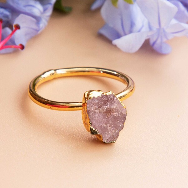 Raw Rose Quartz Ring, Engagement Ring, Raw Crystal Ring, Pink Stone Ring, Electroformed Ring, Rose Quartz Jewelry, Wedding Gift For Her