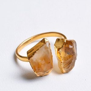 Natural Citrine Gemstone Raw Citrine Adjustable Ring Gold Electroplated Genuine Designer Ring, Citrine Jewelry, Uncut Stone Ring For Her