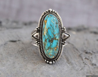 Boho Turquoise Ring, Silver Turquoise Ring, Turquoise Ring, 925 Silver Ring, Sterling Silver Ring, Long Gemstone Stone Ring,Bohemian Jewelry