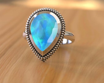 Aurora Opal Doublet Ring, 925 Solid Silver Handmade Boho Designer Teardrop Ring, Statement Gemstone Ring, Engagement Ring Gift For Her