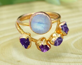 Natural Raw Amethyst Moonstone Dainty Ring, Raw Stone Ring, Rings For Women,925 Silver Ring, Gold Ring, Raw Crystal Ring, Birthstone Ring