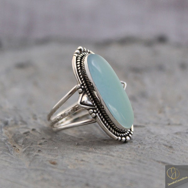 Blue Chalcedony Ring, Chalcedony Ring, 925 Sterling Silver Ring, Blue Stone Ring, Handmade Ring, Long Stone Ring, Boho Ring, Gift For Her