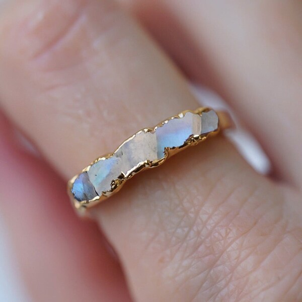 Raw Moonstone Ring, Women Ring, Gemstone Ring, Moonstone Electroplated Jewelry, Electroformed Ring, June Birthstone, Dainty Eternity Ring