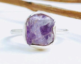 Raw Amethyst Ring, 925 Silver Ring Women Silver Ring, Amethyst Rough Ring, Amethyst Bezel Ring, Organic Uncut Crystal Raw Ring, Propose Ring