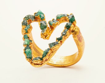Rough Emerald Ring, Raw Emerald Gemstone Ring, Raw Crystal Gold Ring, Raw Stone Jewelry, Handmade Ring, May Birthstone Ring, Heart Ring