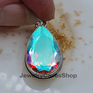 Natural Angel Aura Quartz Pendant, 925 Sterling Silver Pendant, Handmade Silver Pendant, Teardrop Angel Aura Quartz Designer Pendant For Her