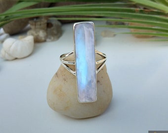 Rainbow Moonstone Solid 925 Sterling Silver Ring For Women, Handmade Rectangle Bar Moonstone Ring For Her, Wedding Engagement Ring For Her