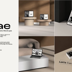 May include: A set of six customizable photo mockups featuring a laptop, tablet, smartphone, and business card. The mockups are set against a neutral background with soft lighting.