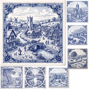 May include: A collection of square ceramic tiles featuring blue and white illustrations of pastoral landscapes, including a village with a stone bridge, a coastal harbor, a rural farm with sheep, a forest scene, a pond with ducks, and a manor house.