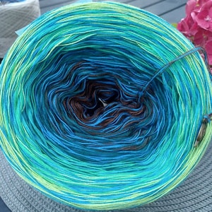 May include: A skein of yarn with a gradient of green, blue, and brown colors. The yarn is wound into a ball shape and is ready to be used for knitting or crocheting.