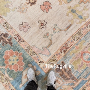 9x12 Classic Antique Rug Muted Salmon, Copper + Blue Carpet Oushak rug hand made wool rug for bedroom,Contemporary turkish rug living room
