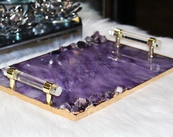Handmade Manifestation Amethyst Resin Tray: Decorative Geode Tray with Crystal Clear Gold Handles