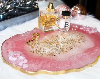 Handmade Pink Glitter Resin Tray: Rose Quartz & Gold Marbling