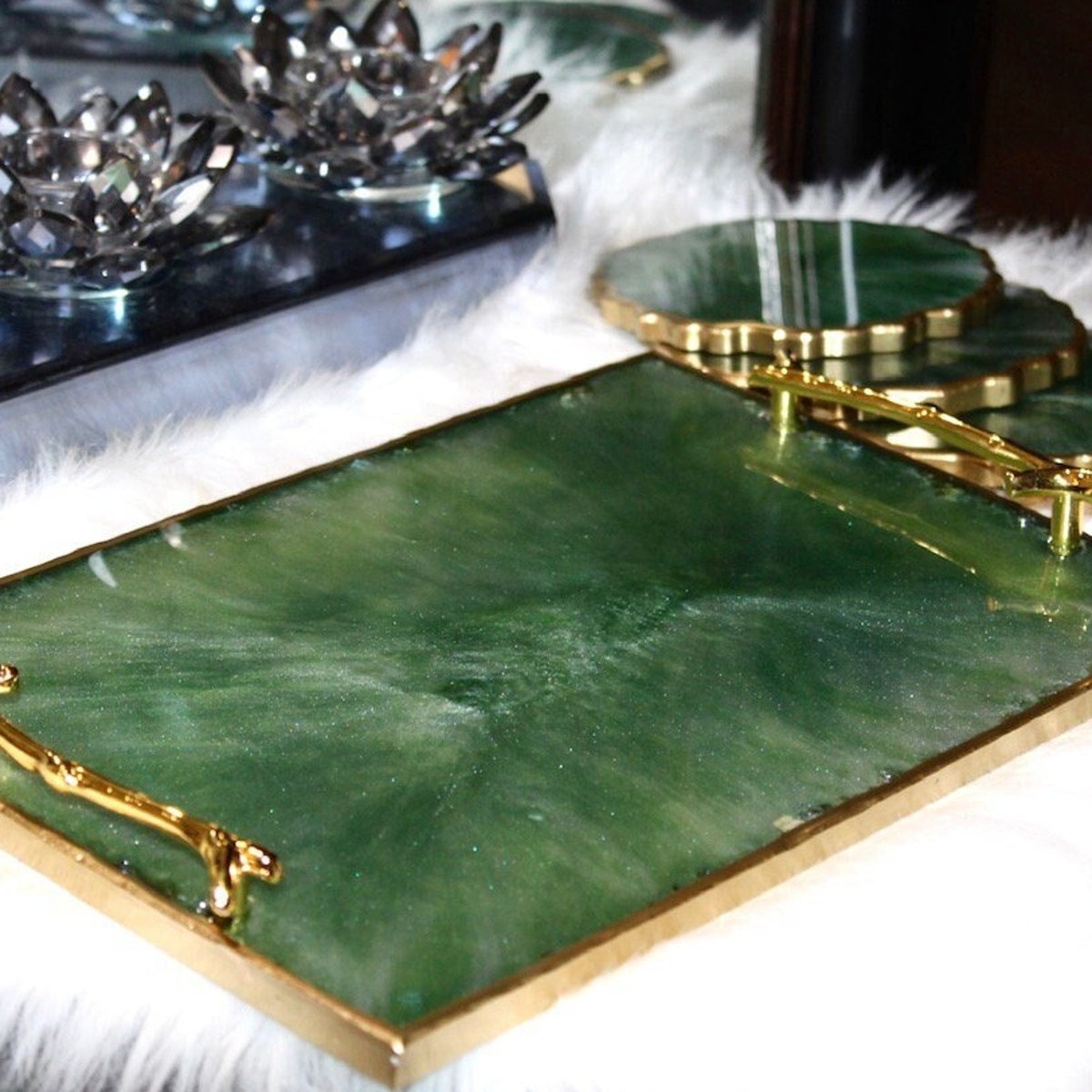 Handmade Green Aventurine Resin Tray: Gold Marbling & Handles - Etsy