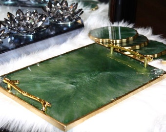 HANDMADE Green Aventurine Quartz crystal tray Epoxy Resin Tray W/ Aventurine Rim White and Emerald Green Tray with gold marbling and Handles