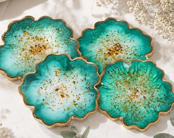 Lyxigt set med underlägg i harts, tealblommor, bladguld, blommiga underlägg i harts, handgjorda, glamourösa heminredningsgåvor, bartillbehör