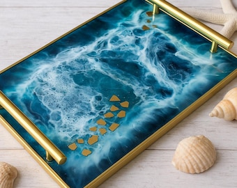 Handmade Geode Ocean Resin Tray – Coastal Resin Art, Ocean Design Beach Tray, Beach Theme Home Decor, Unique Gift Ideas W/ Coasters