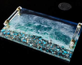 HANDMADE Large Decorative Ocean Resin tray glass Elegant Tray W/ Gold crystal Handles Perfume Tray Turquoise Geode Resin Tray beach Coasters