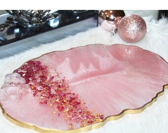 HANDMADE Luxurious Rose quartz crystal tray LARGE Blush Resin Tray W/Rose Quartz Rose petals Rim Holiday Present Decorative Tray BridalGift