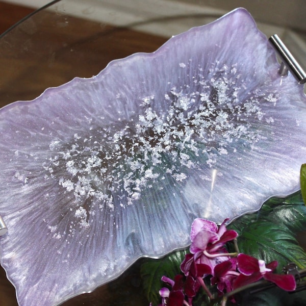 Handmade Purple Resin Tray with Silver Flakes: Decorative Vanity Tray