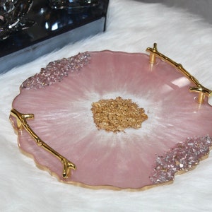 Handmade Resin Tray With Leaf handles & Coasters Blush Tray Geode Tray Gift Trays Breakfast Tray Vanity Tray Resin Coasters Round Resin Tray