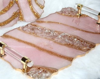 Handgjord roséguldglitterbricka med kristallguldhandtag, elegant sminkbricka och underlägg