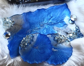 Handmade Blue Resin Geode Tray with Crystal Knob Handles & Coasters