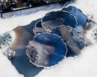 Handmade Ocean Inspired Blue Sparkle Resin Tray W/ Crystal Knob handles & Coasters Geode Tray Breakfast Tray Vanity Tray Resin Gift Tray