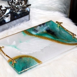 HANDMADE Large Luxury Emerald Green & White Marble Resin Tray W/ Coasters, Glitter Decorative Resin Tray W/ Gold Handles And Accent