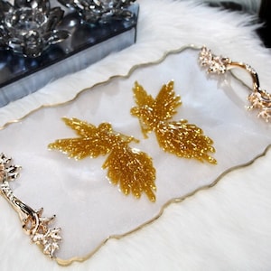 HANDMADE ANGEL Inspired Resin tray Large White Gold Glitter Resin tray, FRIENDSHIP Tray, Valentines Gift, Perfume Tray, Geode Resin Tray