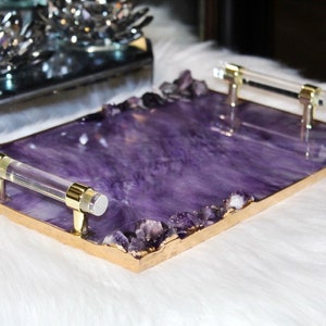 HANDMADE Manifestation Tray, Purple Amethyst Decorative Resin tray W/ Glass Rim, Crystal Gold Handles Perfume Tray Geode Resin Tray Coasters