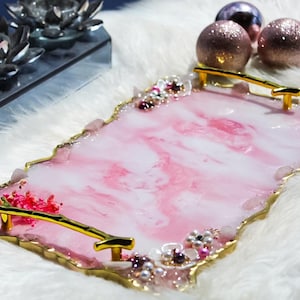 Handmade Pink Rose Quartz Resin tray with Pearl Flowers, Pink Crystal Resin Tray W/ Pearls & Gold Marbling