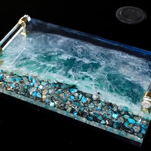 HANDMADE Large Decorative Ocean Resin tray glass Elegant Tray W/ Gold crystal Handles Perfume Tray Turquoise Geode Resin Tray beach Coasters