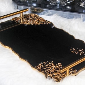 Handmade Black Geode Resin Tray with Gold Handles & Flakes