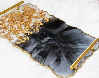 HANDMADE Large Luxury Black & White Marble Resin Tray W/ Coasters, Minimalist Decorative Resin Tray W/ Gold Handles And Accent