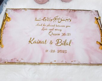 Handgjord rosa och vit rosenkvarts islamisk Nikkah-hartsbricka | Islamisk bröllopsbricka med ringhållare Nikkah-ceremonidekor elegant islamisk gåva