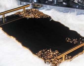 HANDMADE Large Black Geode Decorative Resin tray Elegant Tray W/ Gold Handles & Flakes Perfume Tray Minimalist Decor Resin Tray W/ Coasters