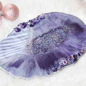 Handmade Amethyst Resin Tray: Purple Glitter Geode, Vanity Decor