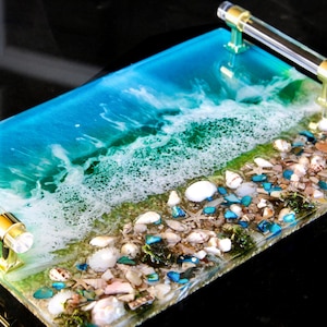 HANDMADE Large Decorative Ocean Resin tray glass Elegant Tray W/ Gold crystal Handles Perfume Tray Turquoise Geode Resin Tray beach Coasters