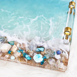 HANDGJORD Stor Dekorativ Havshartsbricka Glas Elegant Bricka Med Guldkristallhandtag Parfymbricka Turkos Geodhartsbricka Strandunderlägg bild 13