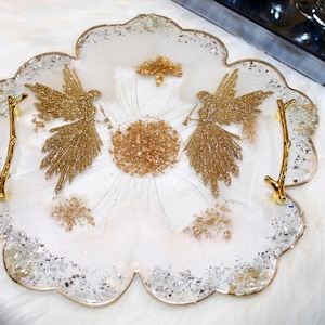 HANDMADE Angel Inspired Large Flower Decorative Resin tray With Coasters, Wedding Gift, Vanity Tray Breakfast Tray, Valentines Gift For Her