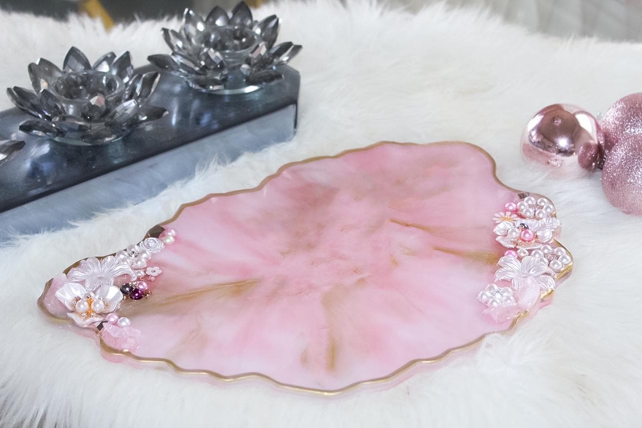 HANDMADE Marbled Pink Rose Quartz Crystal Tray W/ Pearls